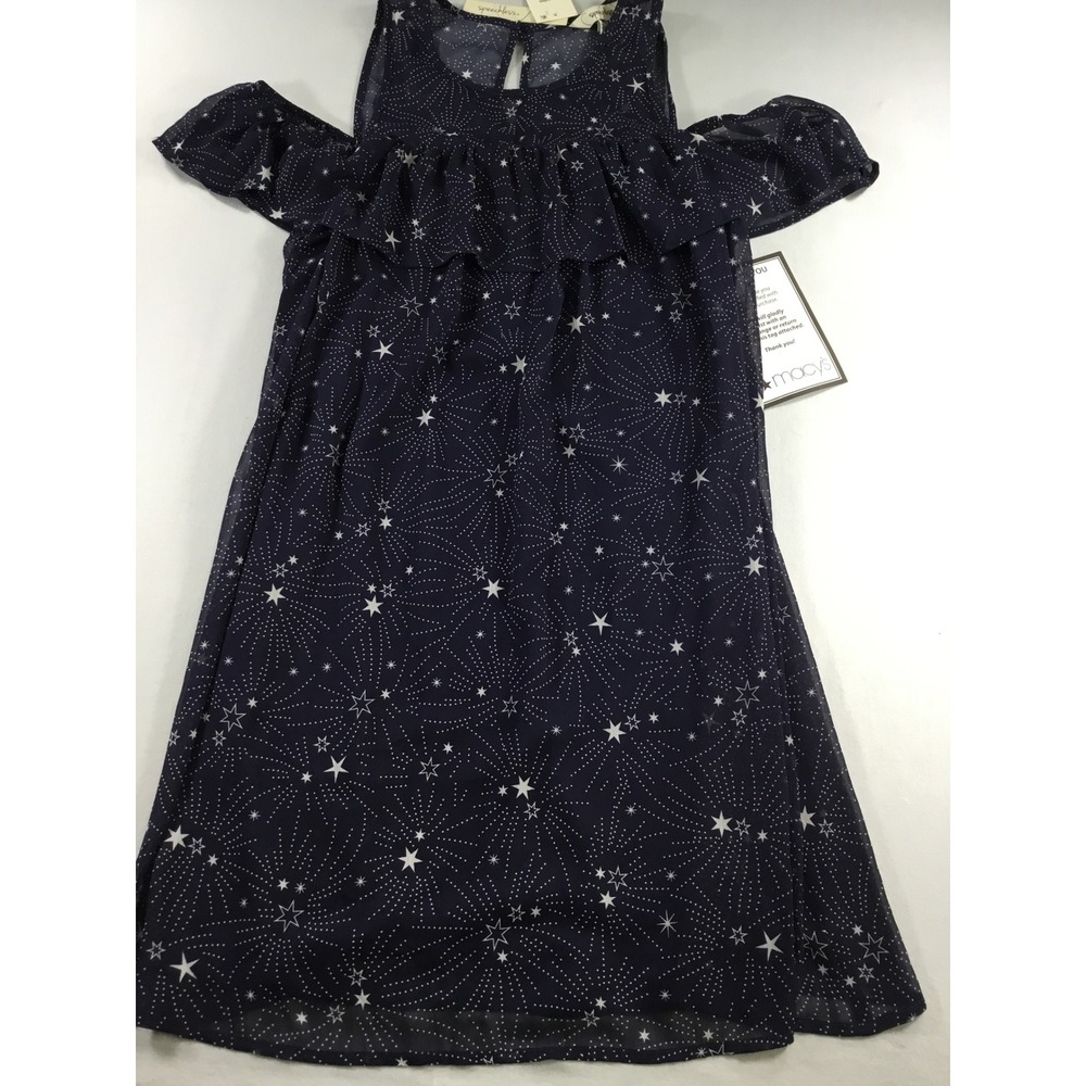 NavyBlue Dress M StarPrint Cold Shoulder Ruffle Shift Lined Whimsygoth Celestial